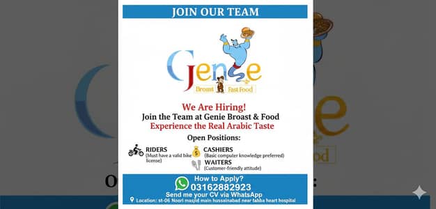 genie broast and fast food jobs available (cashier, waiter, riders)