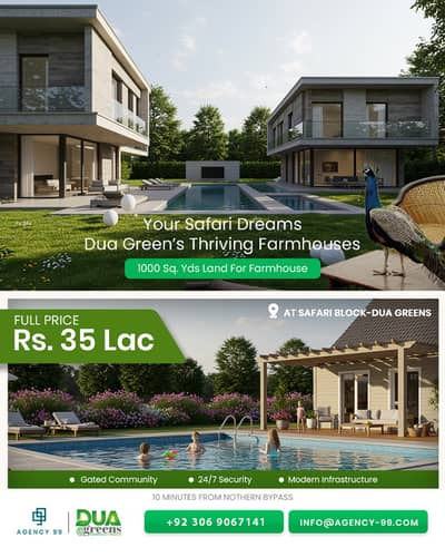 1000 square yard farmhouse plots gated community developed area with security available for sale in Dua green Gadap town 03069067141