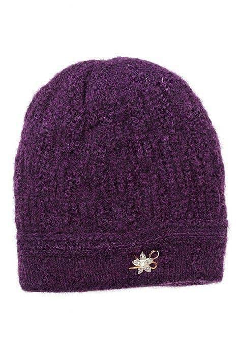 Purple Woolen Winter Beanie Cap for Women – Soft Knitted Warm Hat/cap/topi with Stylish Flower Brooch