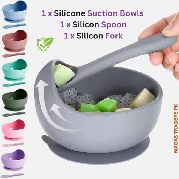 Silicone Baby Feeding Set - 2 or 3 Piece Suction Bowl and Wood Spoon for Independent Eating