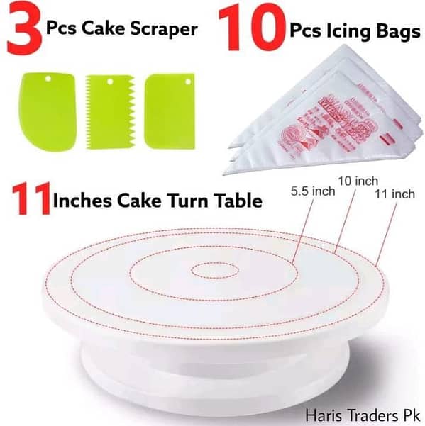 11-Inch Rotating Cake Turntable Set with 3 Cake Cream Scrapers and 10 Disposable Piping Bags