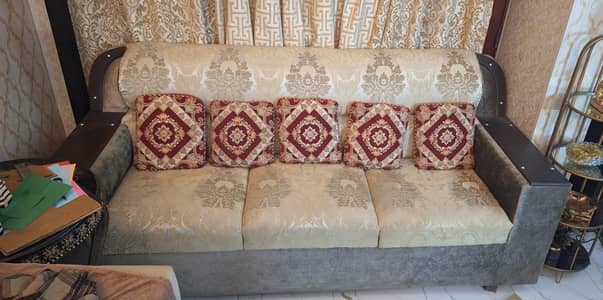 3 seater golden green and off-white sofa