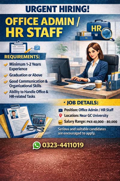 Office Admin / HR Staff Required (Graduate, 1–2 Years Experience)
