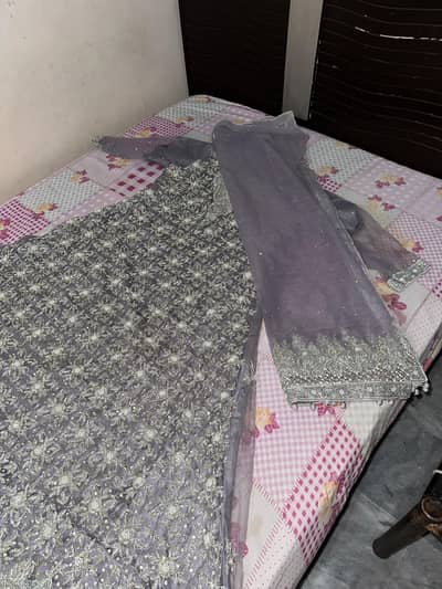 Elegant Silver Grey Net Maxi / Walima Reception Gown – Heavy Work