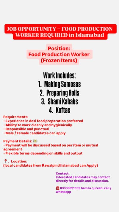 Frozen Food items worker ( samosa/ roll/ kabab/ kofta ]