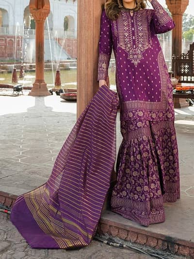 purple and Gold Embroidered 3 piece suit( dupatta, kurti, sharara)