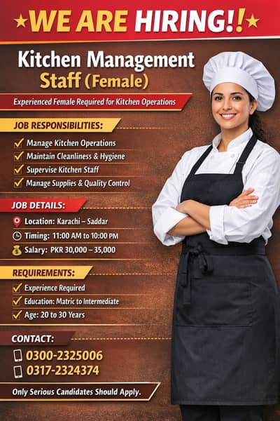 Kitchen Management Staff (Female) Required – Karachi Sadar