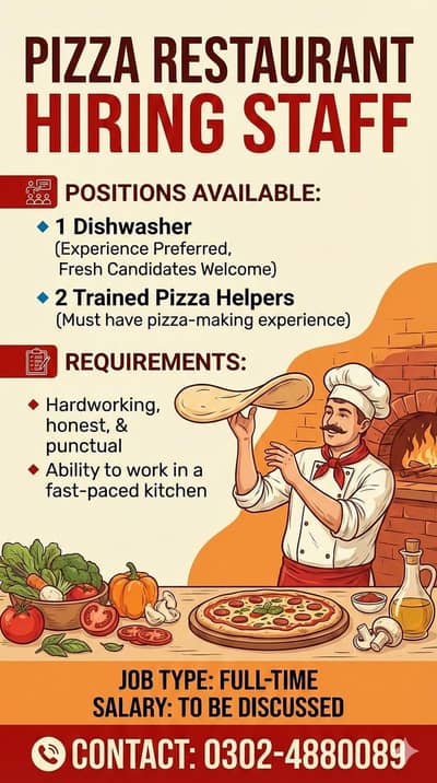 Dishwasher ||  Trained Pizza Helpers || Restaurant Staff (Jobs)