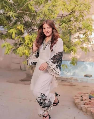 2 pieces women's stitched embroidered linen shirt and trouser