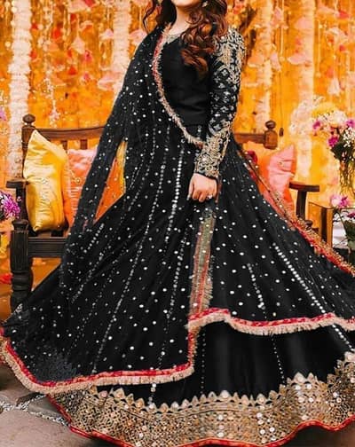 Black Shamoz Silk 3 Piece Maxi Suit with Mirror Work & Pearl Dupatta