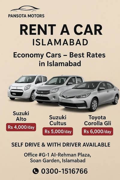 Rent a Car Without Driver Car Rental/Self Drive/Altis/Civic/V8/Alto
