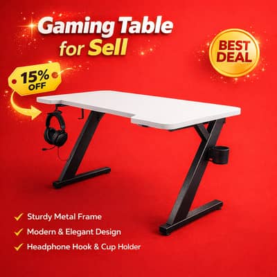 Premium Gaming Table | Metal Frame | Headphone Hook | White Gaming Des