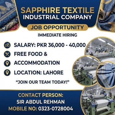 Need Staff Required Sphire textile factory jobs available in Lahore