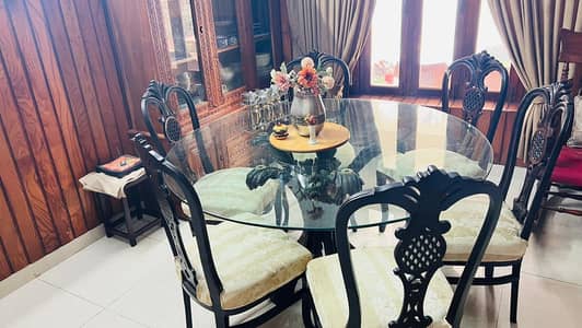 6 Seater Glass Top Dining Table with Carved Wooden Chairs - Complete