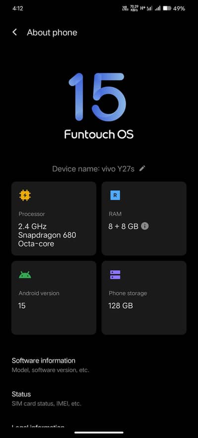 Vivo Y27s 10.9. 5 condition 8+8 128