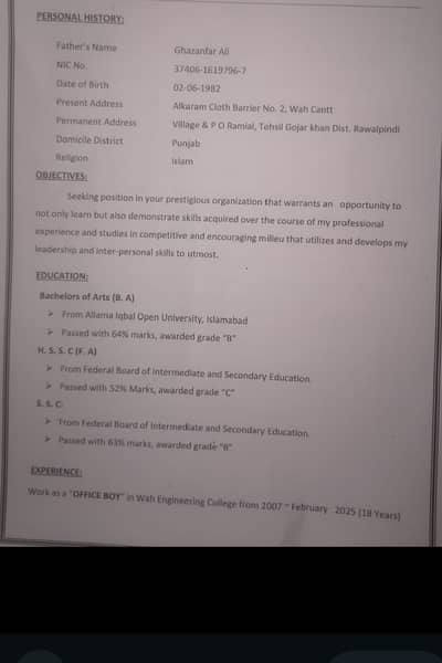 I need job plz suggest mw any job from wah cant barrier no 2