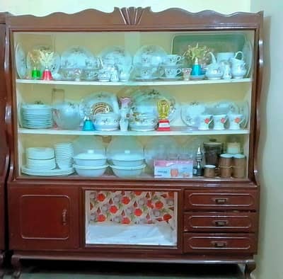 Elegant Wooden Crockery Cabinet with Glass Showcase & Drawers