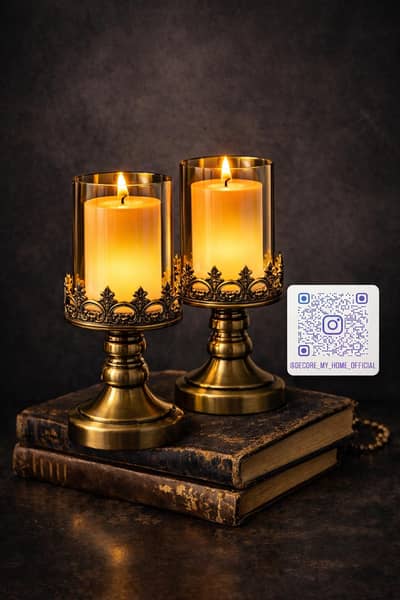 Metallic Luxury Antique Brass Candle Holder Pair Metallic