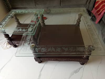 3 piece glass table with wooden frame  set