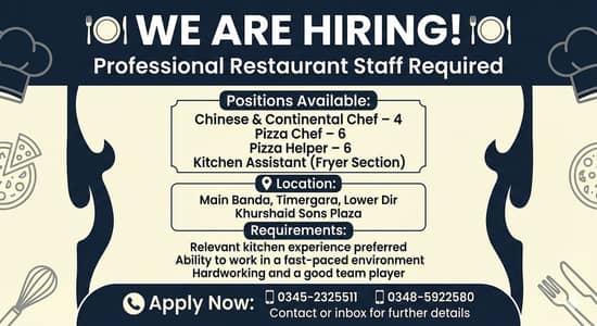Chinese & Continental Chef || Pizza Helper , Pizza Chef (Jobs)