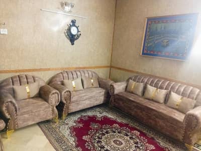  Elegant Brown 6-Seater Sofa Set | Golden legs and Cushions 