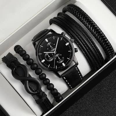 Luxury Black & White Leather Watch + 3 Bracelets