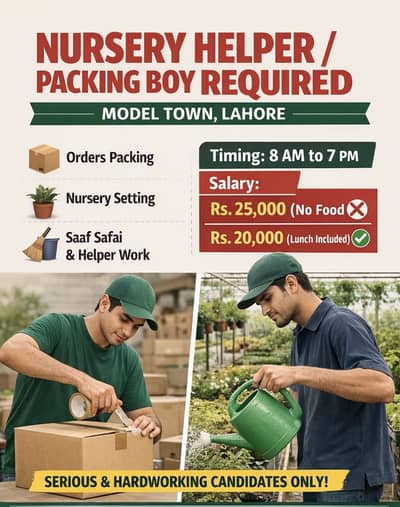 Nursery Helper / Packing Boy Required – Full Time (Model Town Lahore)