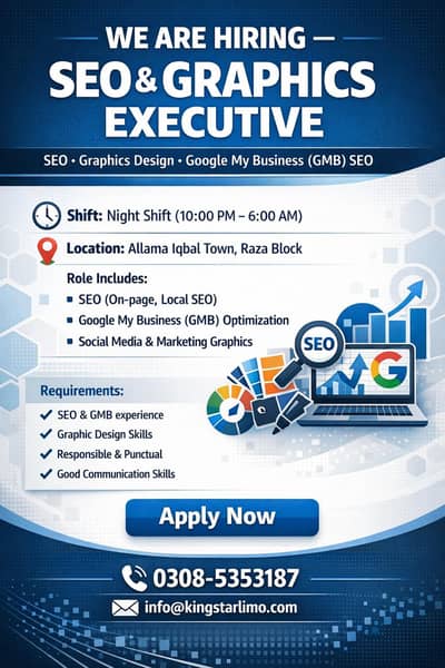 Hiring SEO & Graphics Executive | Night Shift | Allama Iqbal Town