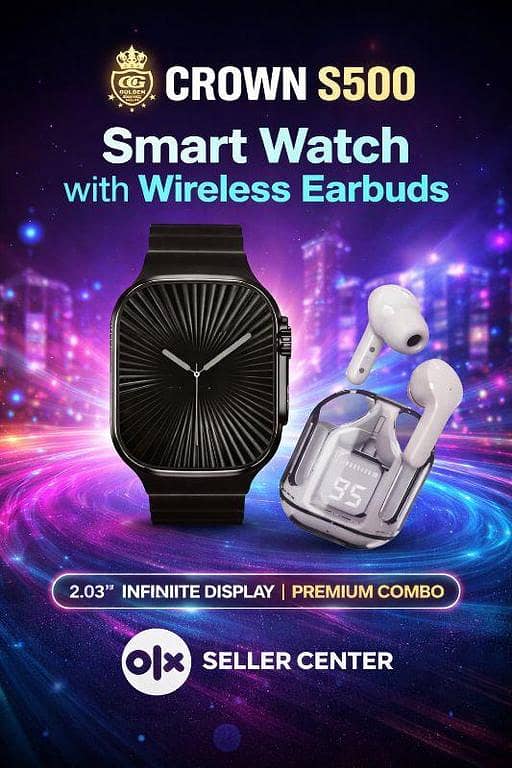 CROWN S500 Smart Watch with Wireless Earbuds | 2.01” Infinite Display | Premium Combo