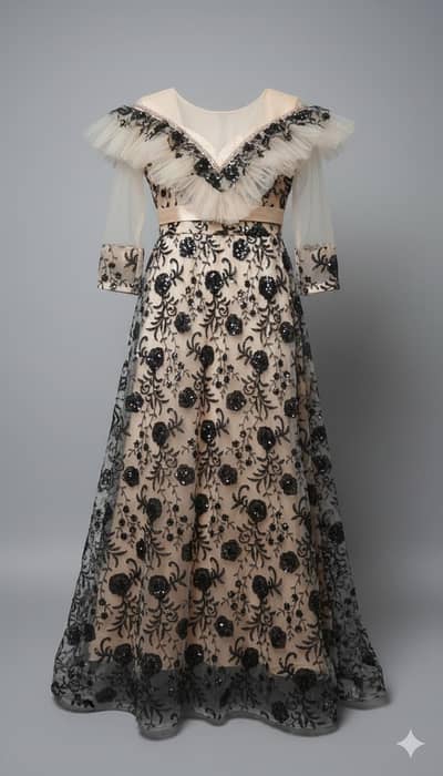 Elegant Beige & Black Embroidered Party Wear Gown