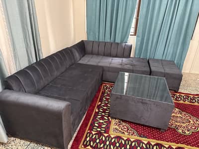 L Shape sofa set with Center table and puffy