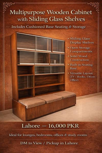 Multipurpose wooden cabinets with sliding glass shelves