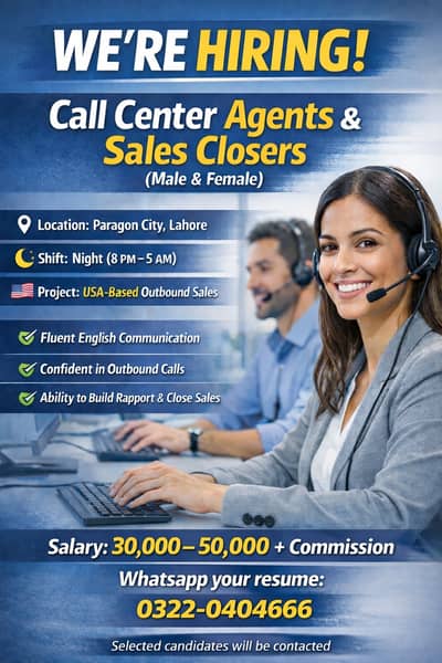 Call Center Agents (Male & Female) Urgent Hiring