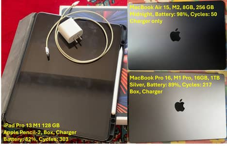 iPad pro 13 M1, Macbook Air 15 M2, Macbook Pro 16 M1 Pro