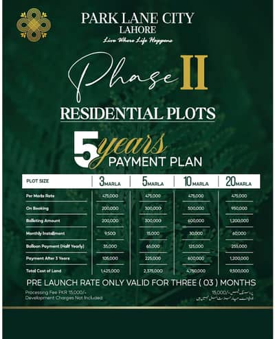 Prime 3 Marla Residential Plots in Park Lane City Lahore Phase II | 5-Year Payment Plan