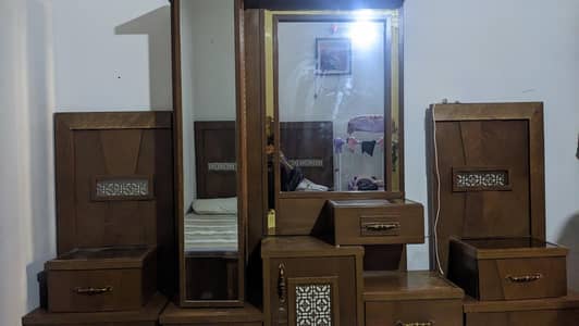 bedset with 2 side tables, wardrobe and dressing table