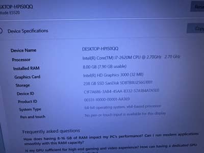 i7 second generation 256 gb 8gb