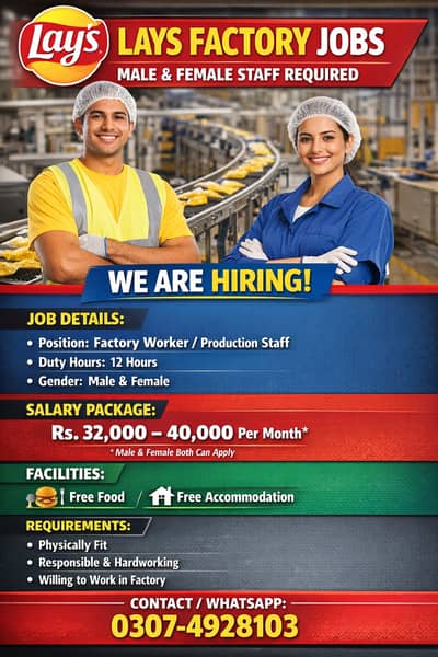 Lays Factory Jobs – Male & Female Staff Required | Food & Accommodat