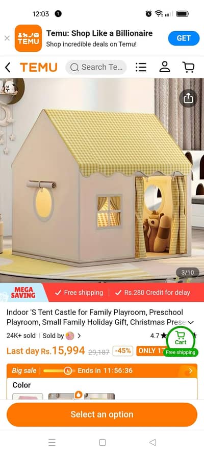 packed new play tent sourced from temu