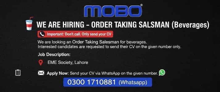 Order Taker || Salesman || Field Sales (Male Jobs)