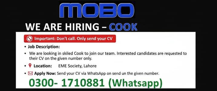 Cook  required || Office Jobs || Male & Female Staff