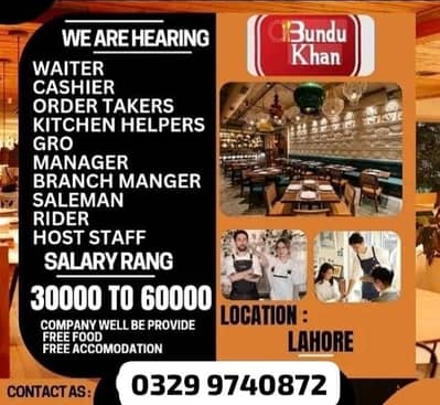 Restauranr staff required salesman cashier oder taker kitchen helper
