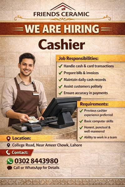 Cashier Required | Friends Ceramic | Job In Lahore