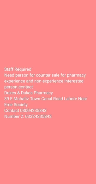 Required person For pharmacy counter sale