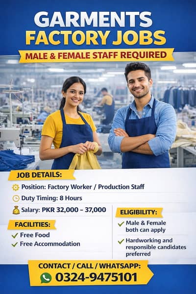 Garments Factory Jobs – Male & Female Staff | Food & Accommodation