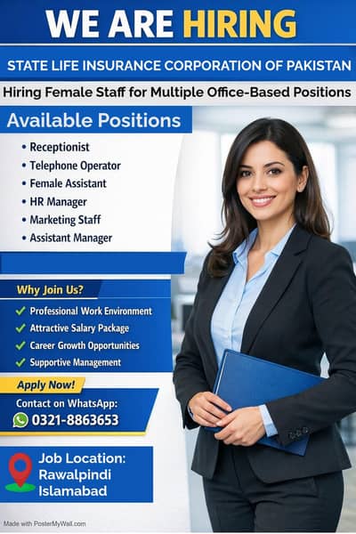 Female Office Staff Required – State Life Insurance (RWP / ISB)