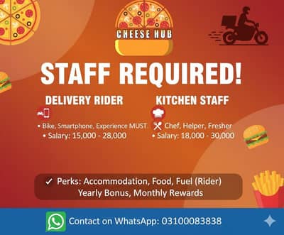 Staff Required for Fastfood Restaurant - Riders, Chefs &  Helpers