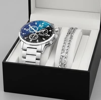 mens silver steel watch and chain
