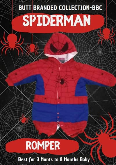 Baby Hooded Romper (3–8 Months) – Spider Theme | Soft & Cozy