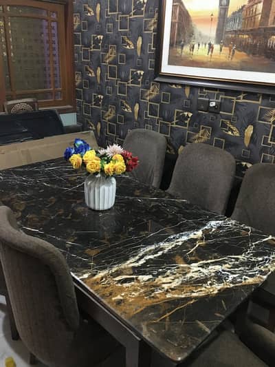 Dining table for sale- 6 chair with marbal table black